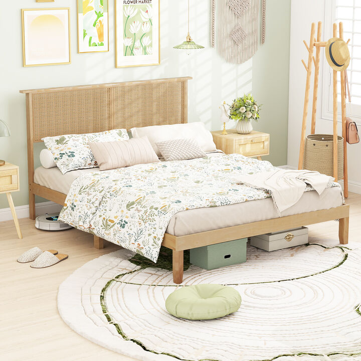 Modern Bed Frame with Rattan Headboard and Wood Slat Support-Natural