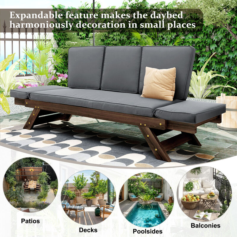 Adjustable Patio Daybed with Convertible Chaise Lounge Acacia Wood for Small Spaces
