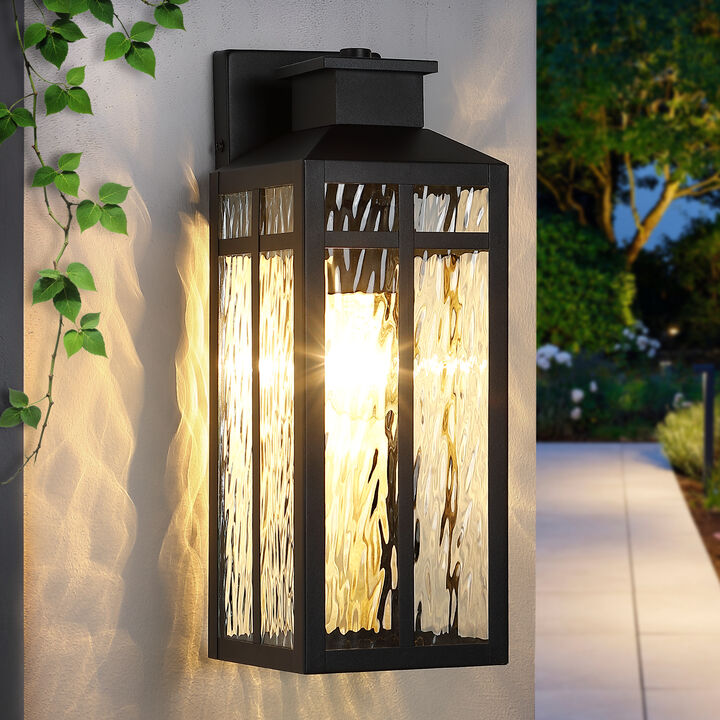 14" Modern Industrial 1-Light Outdoor Wall Lantern with Clear Water Ripple Glass