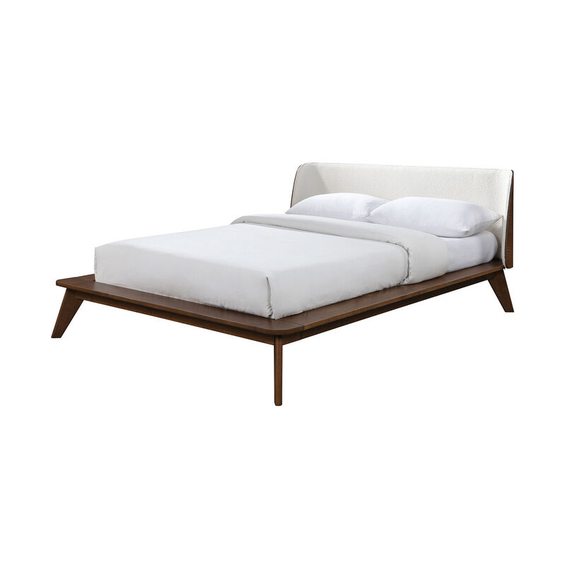 Linzy Queen Bed, Beige Boucle Upholstered Winged Edge, Brown Solid Wood - Benzara