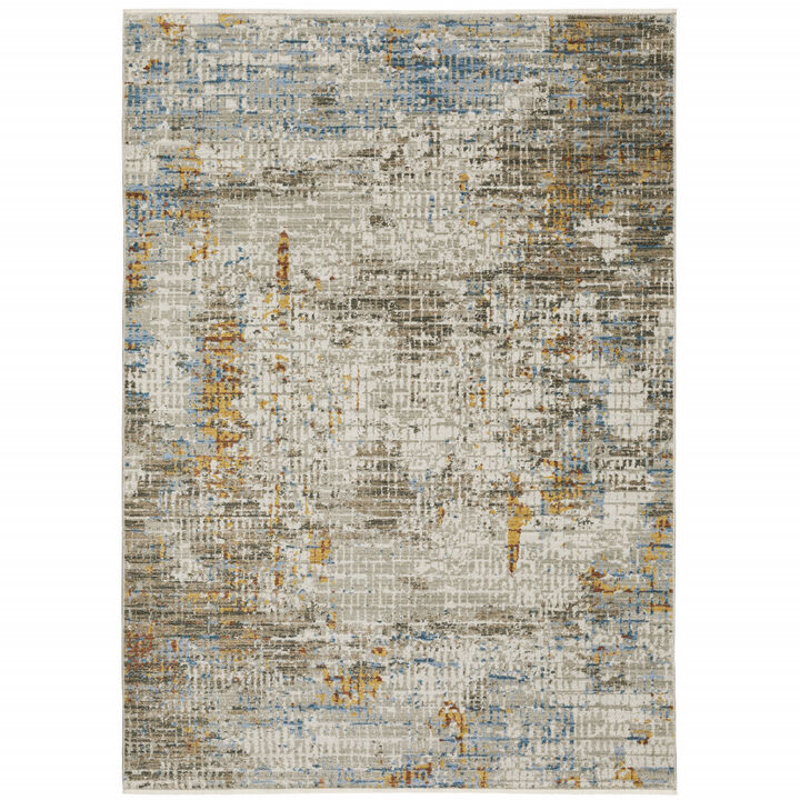 4 X 6 Beige grey Brown gold Red And Blue Abstract Power Loom Stain Resistant Area Rug With Fringe