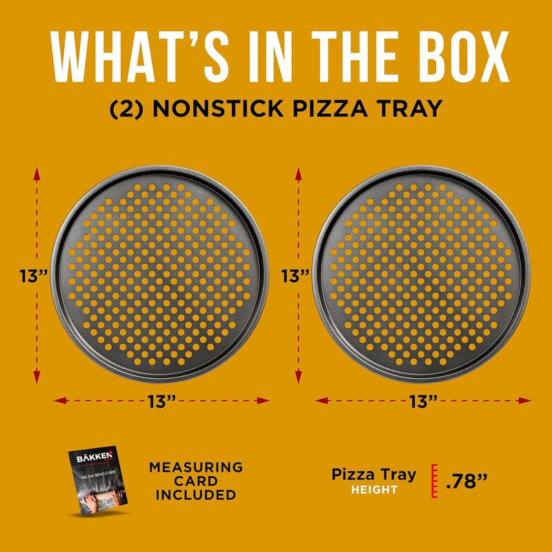 BAKKENMASTER Bakken- Swiss Non-Stick Pizza Pan with Holes - 13-Inch Perforated Pizza Crisper Carbon Steel Pizza Pan - 2 Round Pizza Trays - PFOA PFOS and PTFE Free