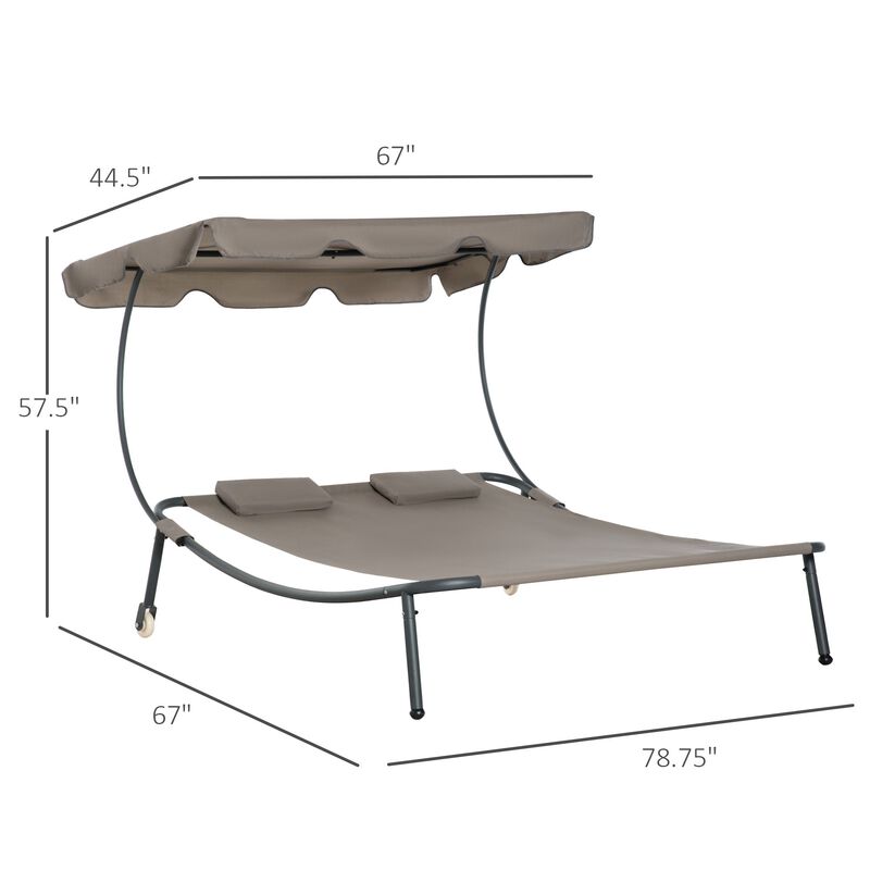 Patio Double Chaise Lounge Outdoor with Adjustable Canopy and Pillow, Wheeled Hammock Bed for Sun Room, Garden, Poolside, Brown