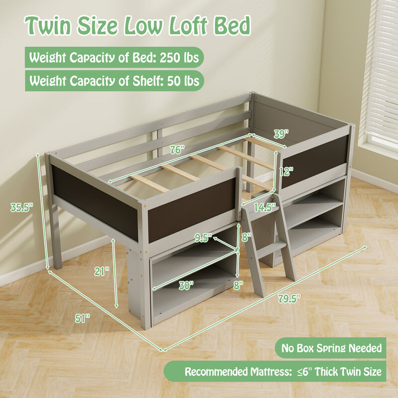 Kid Low Loft Bed with Chalkboard Ramp Ladder and Bookcases