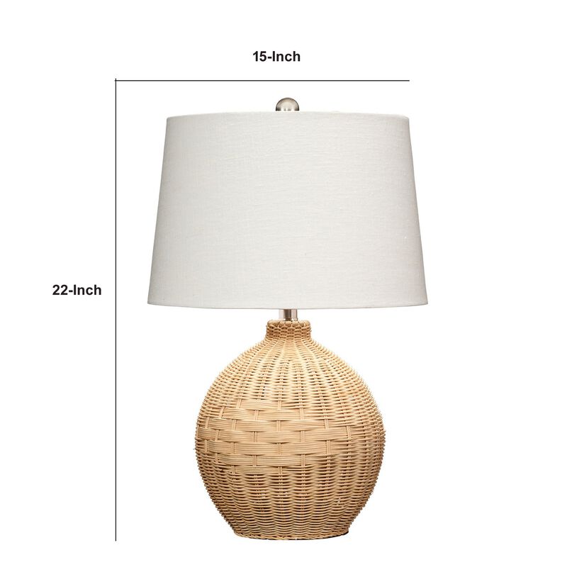 Cape 22 Inch Contemporary Rattan Table Lamp, Hand Woven, Linen Shade, Brown - Benzara