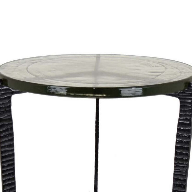 Lune 19 Inch Plant Stand Table, 3 Legged Metal Base, Glass, Black Finish - Benzara