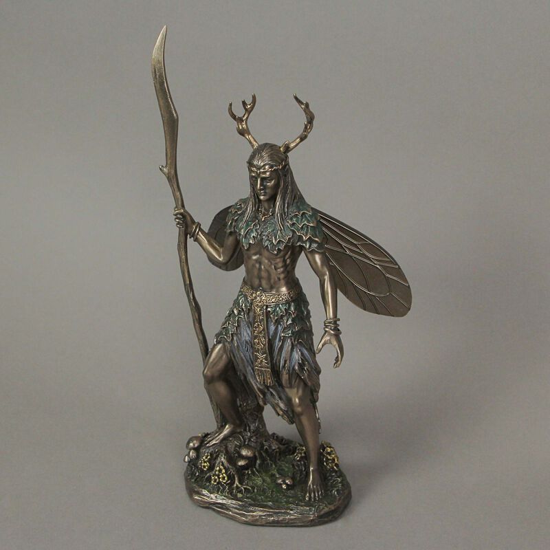 Celtic Antler Druid Wielding Staff Bronze Resin Statue Pagan Decor Sculpture image number 1
