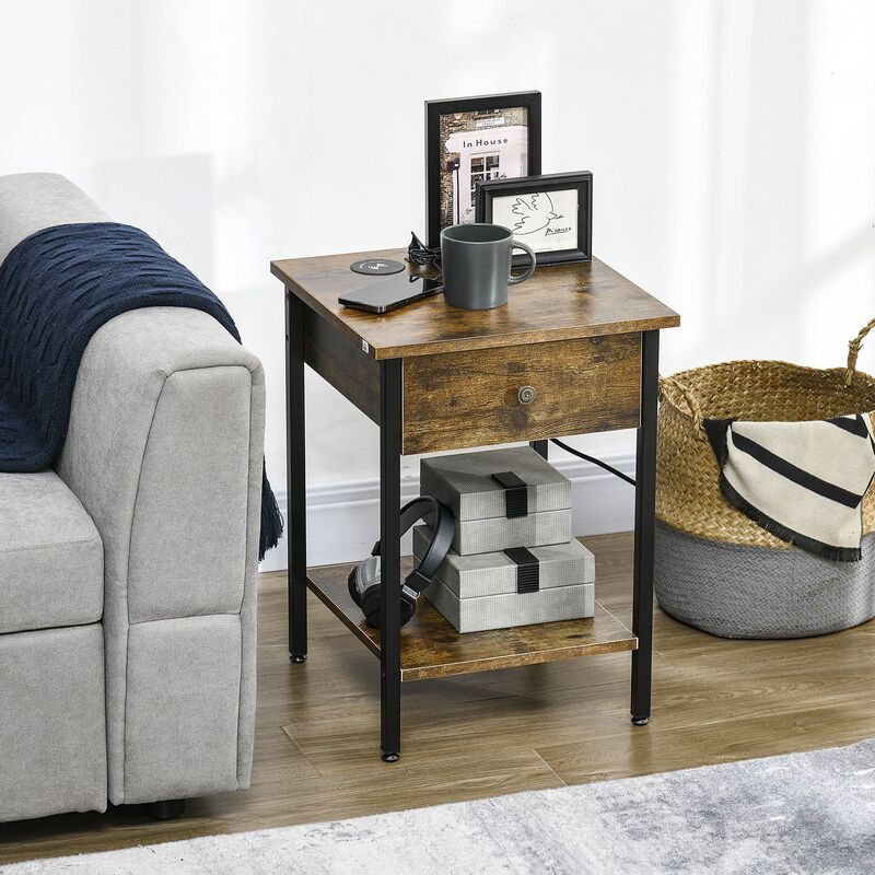 Rustic End Table: Wireless Charging, USB Ports, Warm Brown