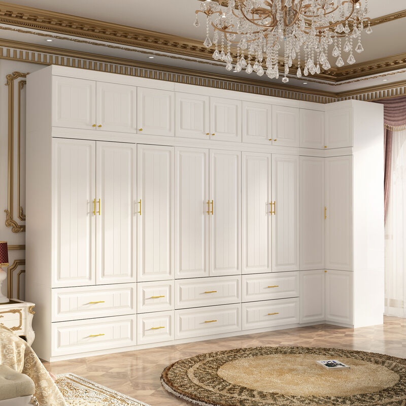 FUFU&GAGA Large Capacity Combined Wardrobe with Embossed Molded Doors, Multi-Functional Hidden Storage for Hanging and Folding Clothes, (144.9 in. W x 20.6 in. D x 93.9 in. H), White