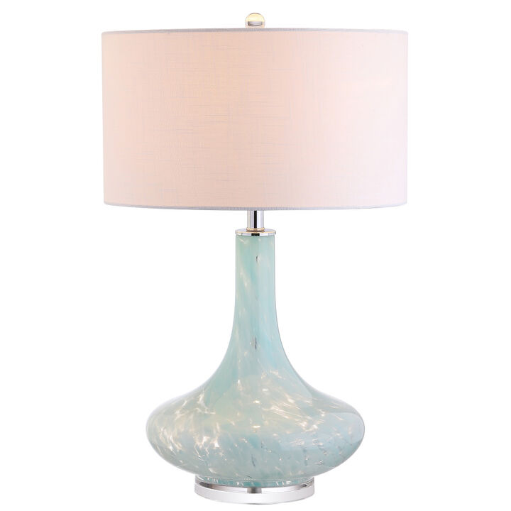 HomeRoots 29" Light Blue And Clear Teardrop Glass Table Lamp With Drum Shade