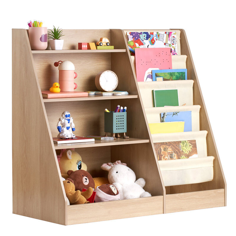 Kids Wooden Bookshelf with 6-Layer Sling Rack – 4-Tier Book & Toy Organizer for Nursery & Playroom