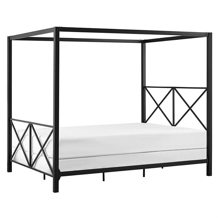 QuikFurn Queen size Modern Black Metal Four-Poster Canopy Bed Frame
