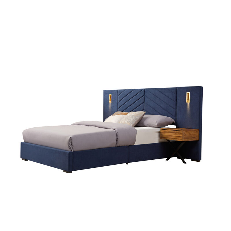 Queen Size Velvet Bed Frame/Vertical Channel Tufted Wingback Headboard/Upholstered Platform Bed/Strong Wooden Slats/No Box Spring Needed/Easy Assembly Royal blue