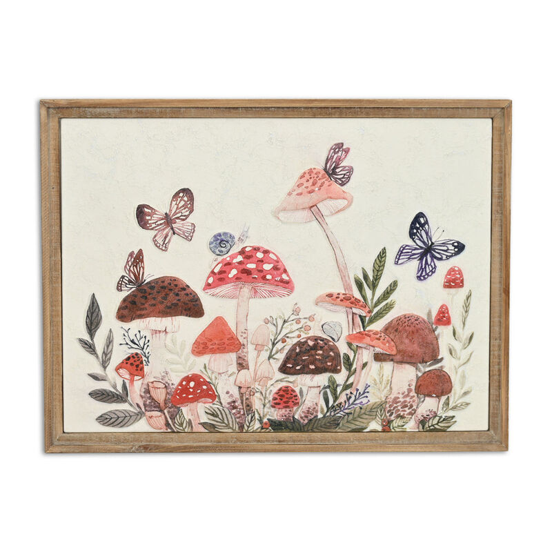 HomeRoots 20" X 26" Natural And White Butterflies and Mushrooms Metal Framed Art image number 0