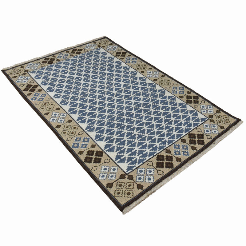 Rugsotic Carpets Hand Knotted Sumak Wool 4'x6' Area Rug Oriental Blue Beige SW0009