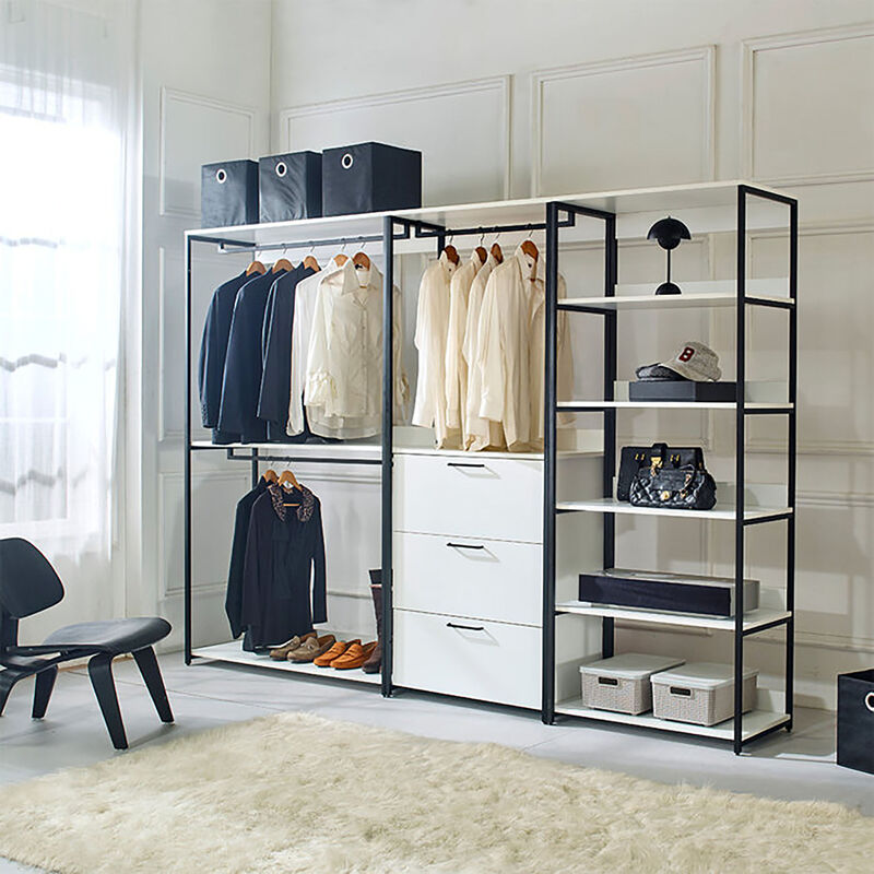 Fiona 111 in. W White Freestanding 3 Tower System 7 -Shelf Walk in Wood Closet System with Metal Frame