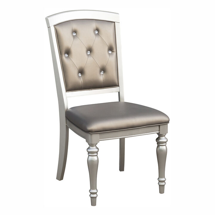 Glamorous 2pc Set Wooden Side Chairs Silver Finish Crystal Button Tufted Faux Leather Upholstered Dining Chairs