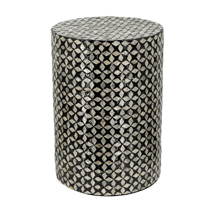 20 Inch Capiz Accent Stool Table, Cylindrical Geometric, Silver, Black - Benzara