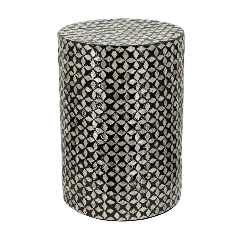 20 Inch Capiz Accent Stool Table, Cylindrical Geometric, Silver, Black