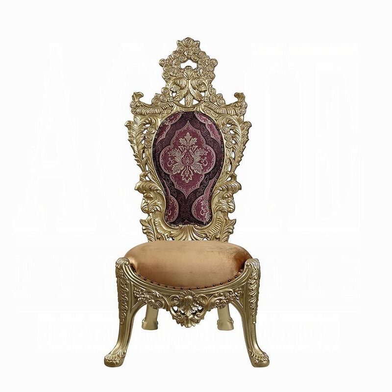 Rexx Side Dining Chair Set of 2, Crown Top, Nailhead Trim Gold and Red - Benzara