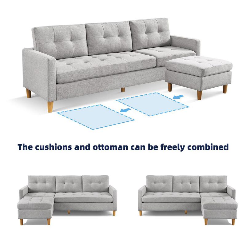 OS Home and Office Furniture Two Piece Upholstered Tufted L Shaped Sectional with Ottoman in Light Grey image number 2