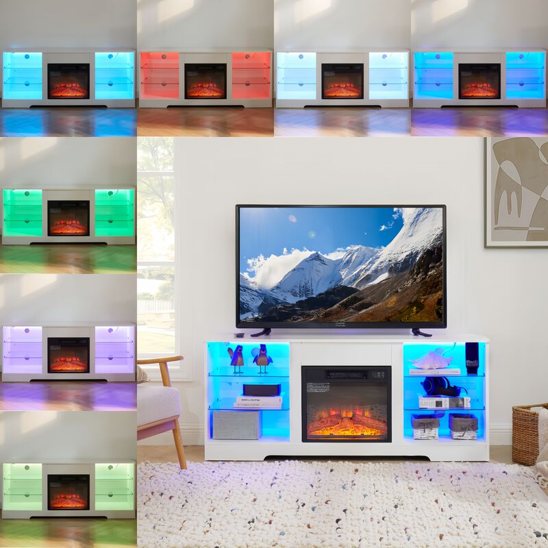 Electric Fireplace TV Stand with Glass Shelves – Cozy Entertainment Center with Stylish Storage
