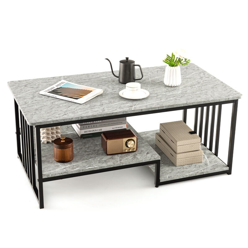 Faux Marble Coffee Table with Open Storage Shelf-Gray