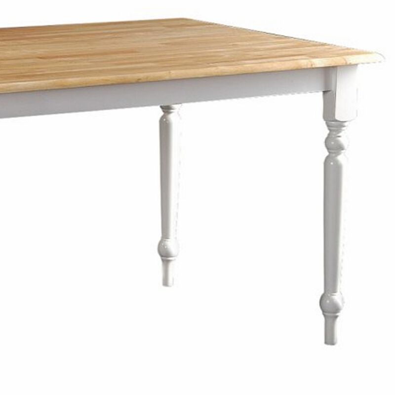 Grained Rectangular Wooden Dining Table with Turned legs, Brown and White