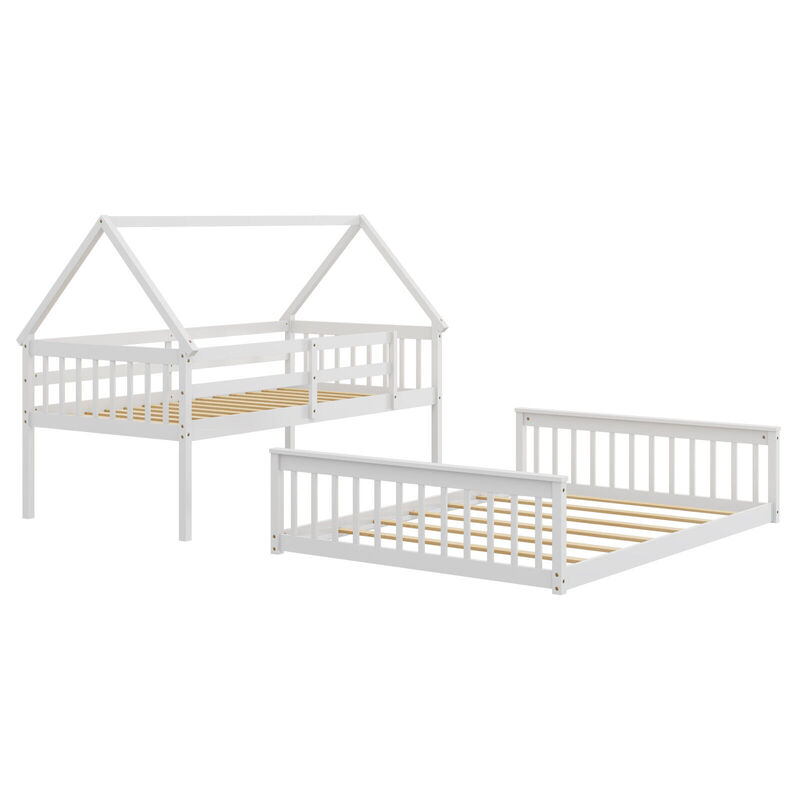 Twin Over Full House Bunk Bed with Ladder and Guardrails