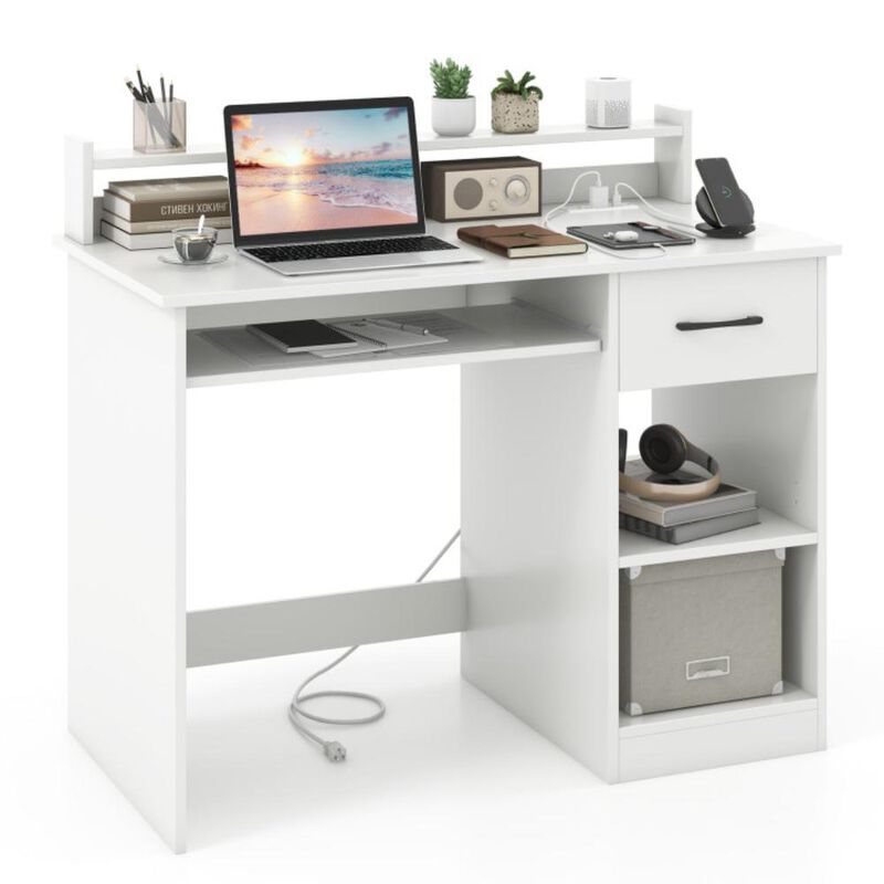 Hivvago White Desk with Charging Station and Adjustable Shelf for Home Office