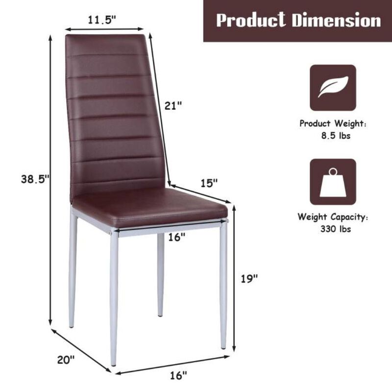 Hivvago Set of 4 Modern High Back Brown PVC Leather Dining Chairs with Metal Legs