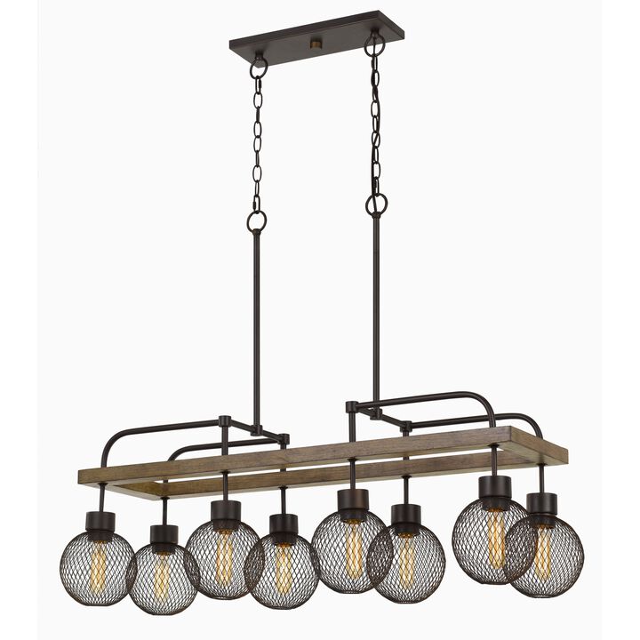 8 Bulb Chandelier with Wooden Frame and Metal Orb Shades, Brown and Black - Benzara