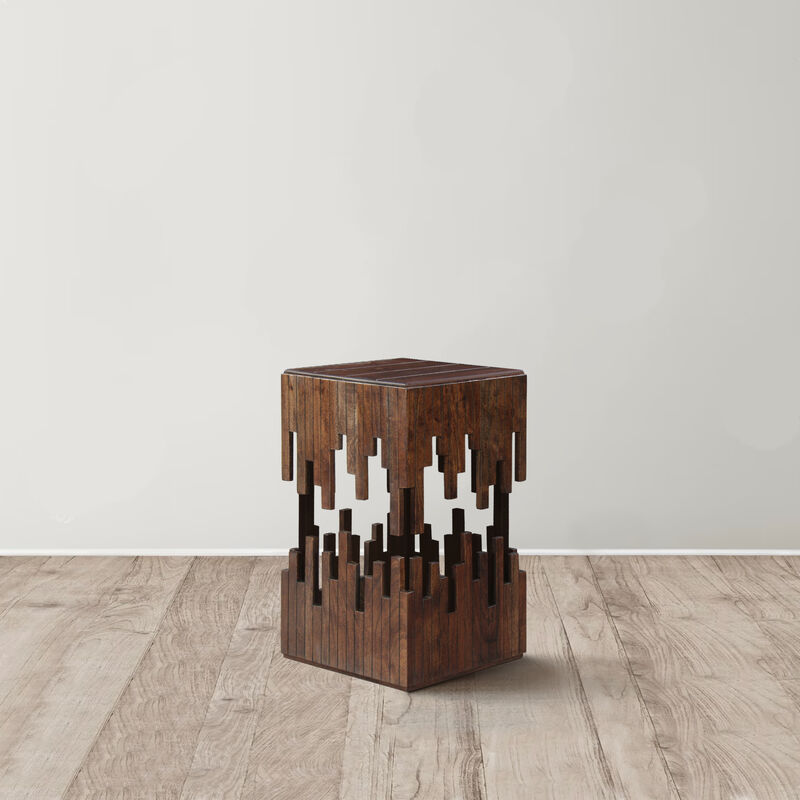 24 Inch Accent Side End Table, Brown Acacia Wood, Slatted Square Top, Handcrafted Abstract Silhouette, Black Iron