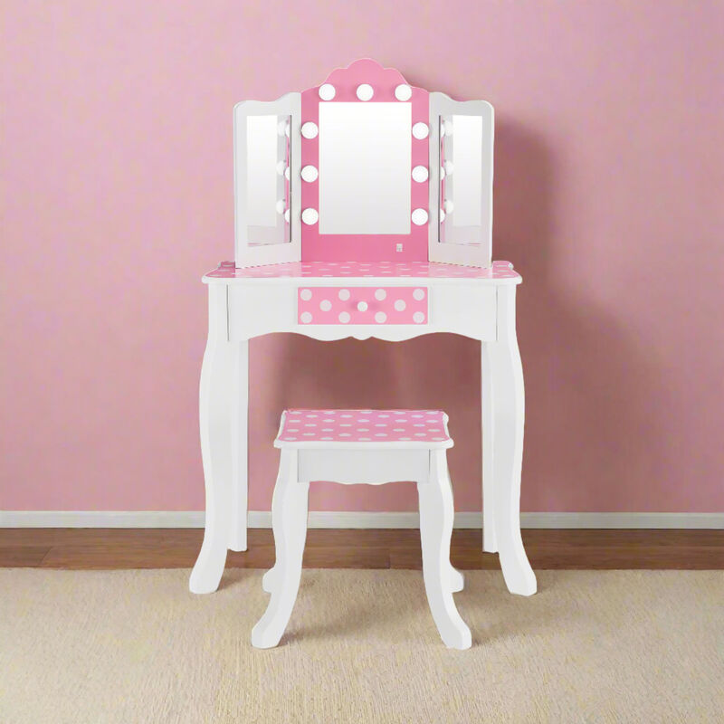 Fantasy Fields Gisele Polka Dot Kids Play Vanity Table & Stool with LED, White & Pink image number 5
