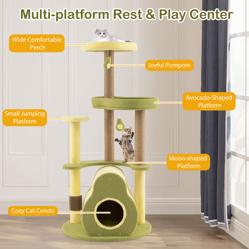 Whimsical Avocado Cat Tree – Multi-Level Freestanding Tower with Hideout Condo