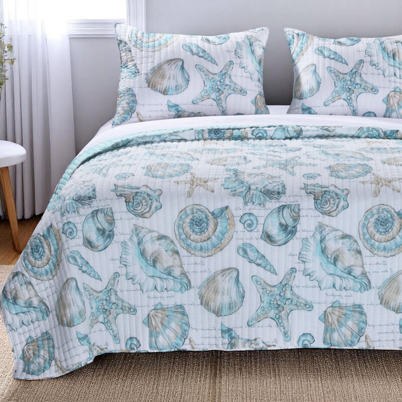 Coastal Seashells 3-Piece Reversible Quilt Set – Polyester Bedding