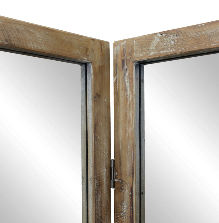 70 Inch 3 Panel Mirror Room Divider, Wood Frame, Distressed Brown-Benzara