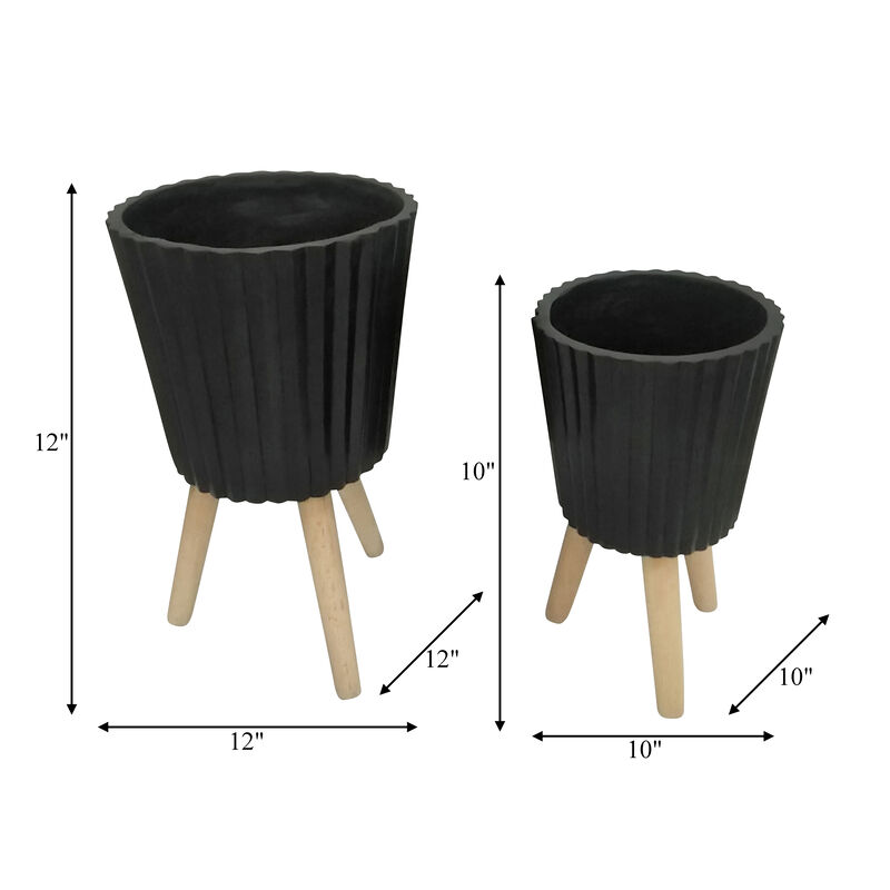 Ridged Planter with Wood Legs, Black Set