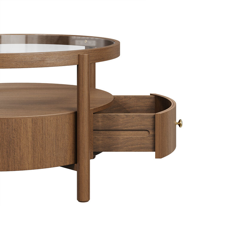 Whisen 29.5" Round Glass Top Coffee Table, Solid Wood 2-Tier Coffee Table with Drawer, Mid-Century Modern Center Table for Living Room image number 6