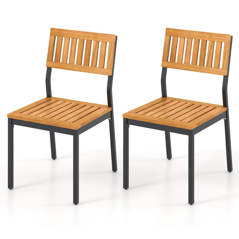 Patio Dining Chair Set of 2 with Metal and Acacia Wood Frame
