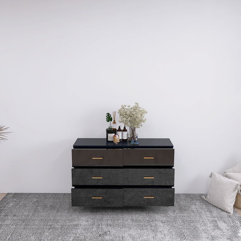 High Glossy Surface 6 Drawers Chest of Drawer with Golden Handle and Golden Steel Legs Black Color Vanity