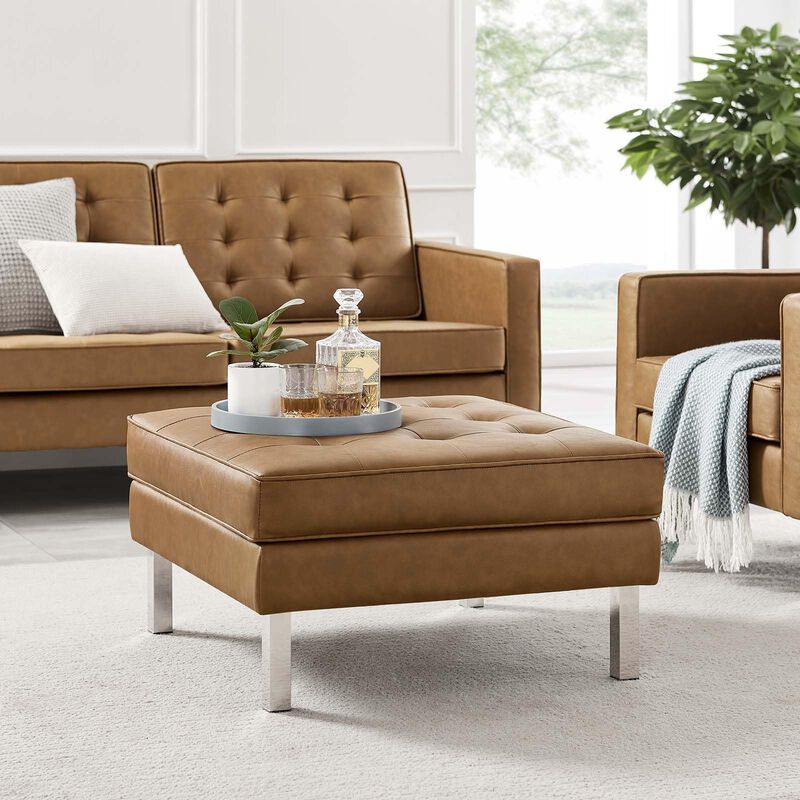 Modway Loft Tufted Button Faux Leather Upholstered Square Ottoman in Silver Tan image number 1