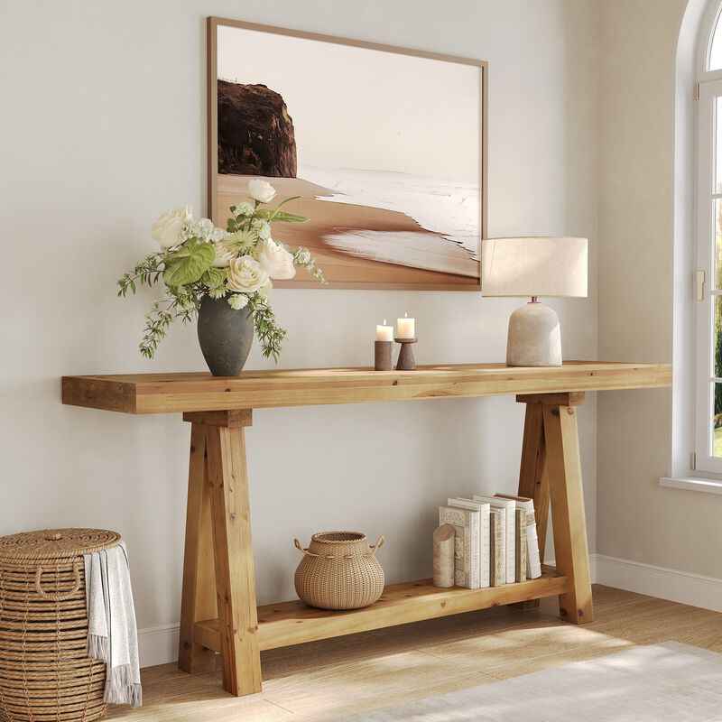 Solid Wood Sofa Console Table with Storage Shelves for Entryway-Light Wood Color image number 4