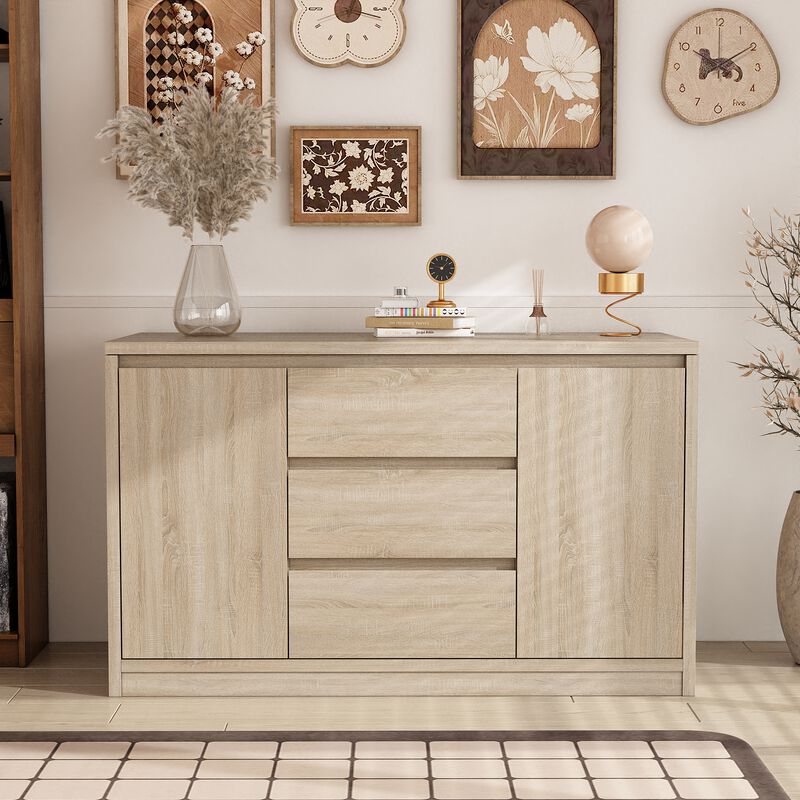 FUFU&GAGA 2-Door 3-Drawer Sideboard with Hidden Storage and NFC Card Lock, MDF Woodgrain Finish (55.1"W x 23.6"D x 33.6"H), Brown