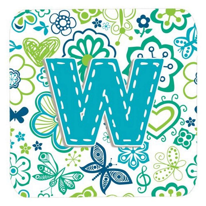 Caroline's Treasures CJ2006-WFC Letter W Flowers and Butterflies Teal Blue Foam Coasters (Set of 4), 3.5, Multicolor