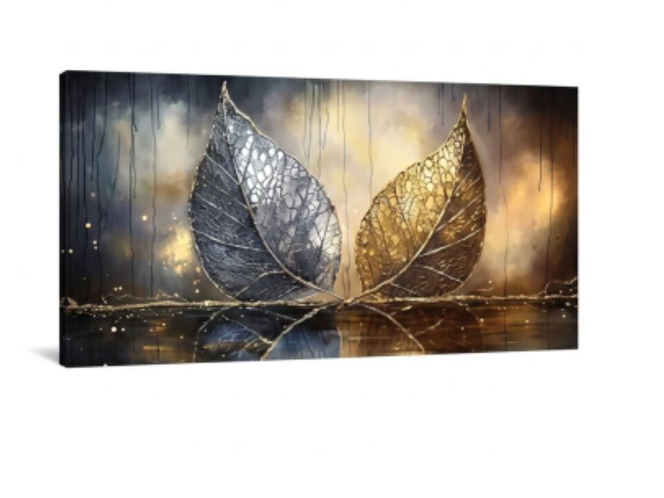 Gold Leaf Wall Art Bedroom Blue Decor Black Canvas Living Room Office 24 X 48