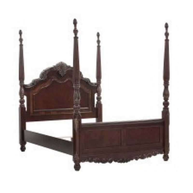 Park Queen Size Poster Bed with Shell Motifs and Burl Inlays, Brown Veneer - Benzara