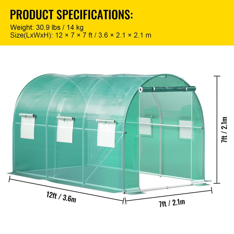 Outdoor Walk-In Greenhouse with Zippered Door, Roll-Up Windows and Steel Frame-Green image number 2
