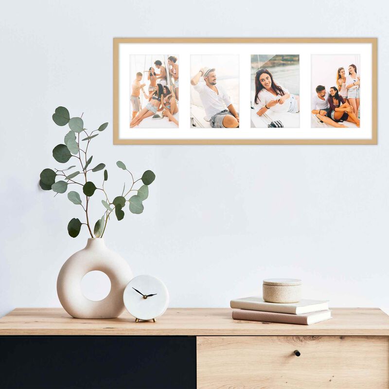 7.5x19 Wood Collage Frame with White Mat For 4 4x6 Pictures