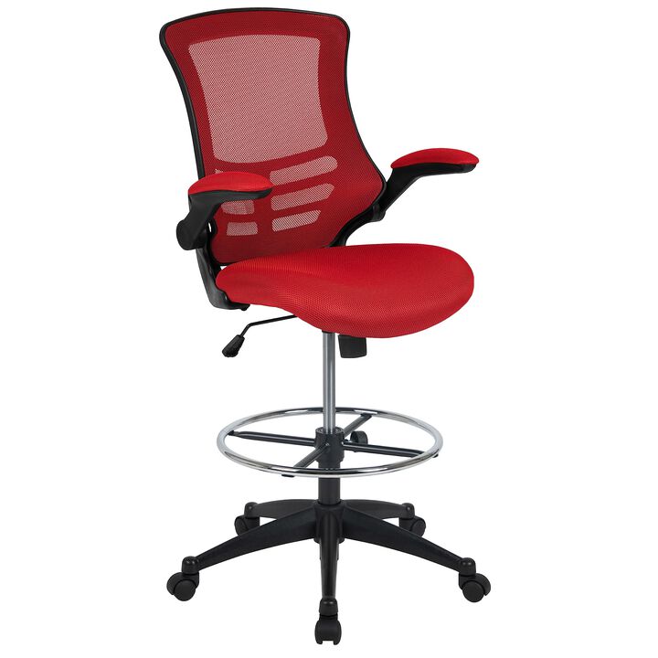 Flash Furniture Kelista Mid-Back Red Mesh Ergonomic Drafting Chair | Adjustable Foot Ring, Flip-Up Arms | Comfort and Productivity